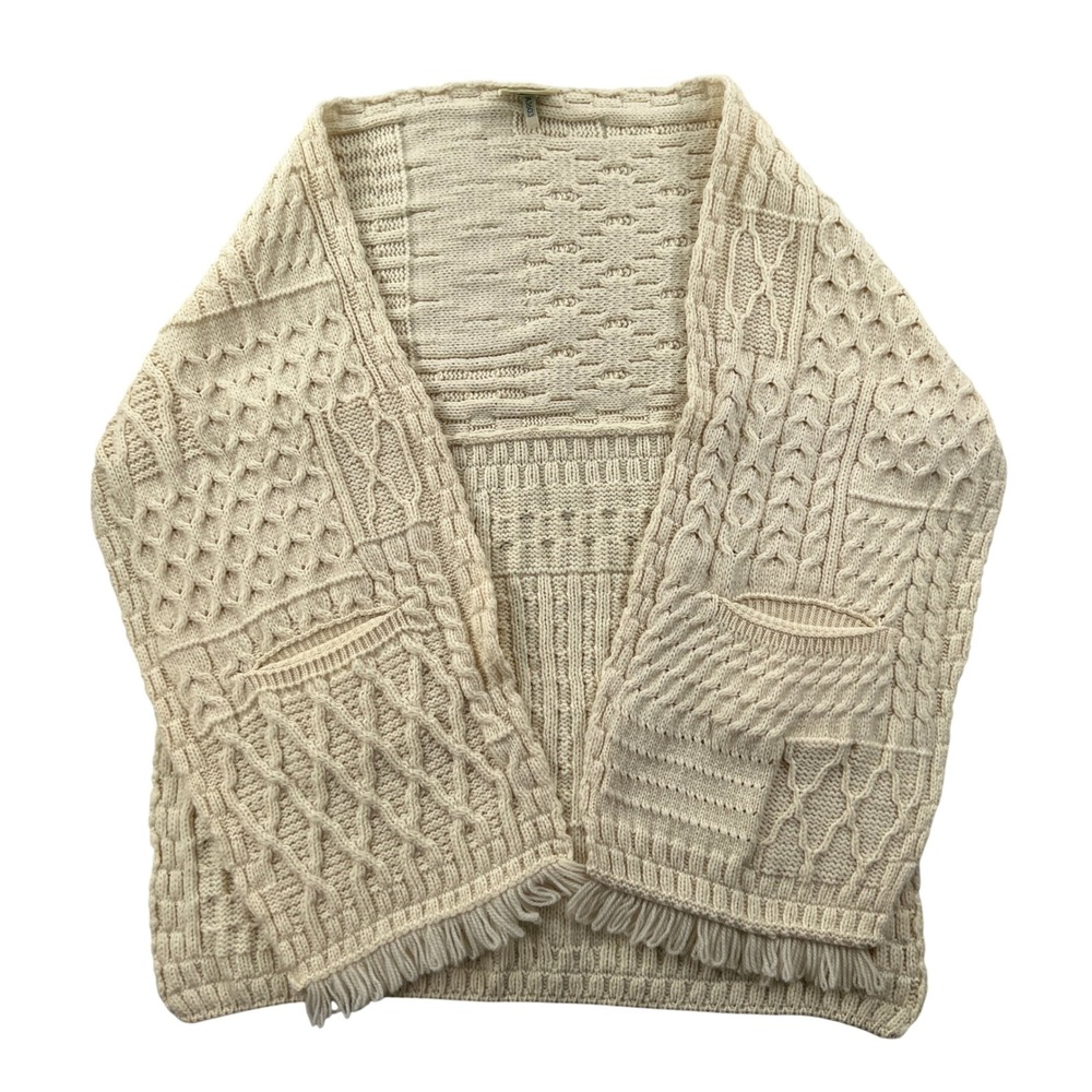 Connemara Knitwear Cardigan Sweater Cape Women OS Cream Cable Fringe Merino Wool